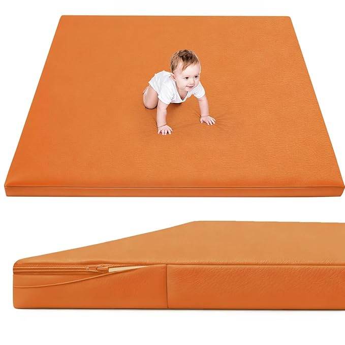 Waterproof Baby Play Mat for Floor 1.3"Thick Memory Foam 47*47 Cushion Playpen Playmat Tummy Time Crawling Mat Nursery Rug Pad Mattress Create Soft & Safe Area for Infants,Toddler,Kid,Orange