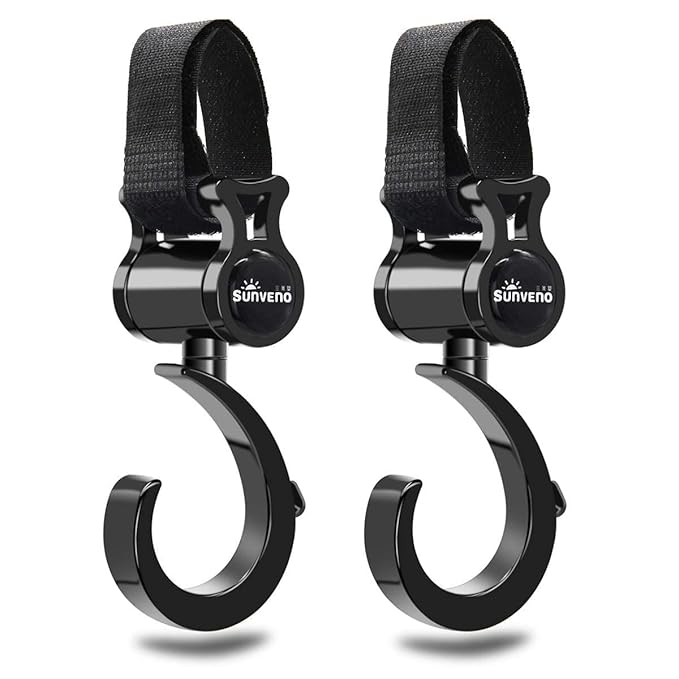 SUNVENO Stroller Hooks 2 Pack, 360° Rotating Universal Stroller Clips with Adjustable Straps, Heavy Duty Bag Holders for Diaper Bags, Purses, Groceries and Travel Use