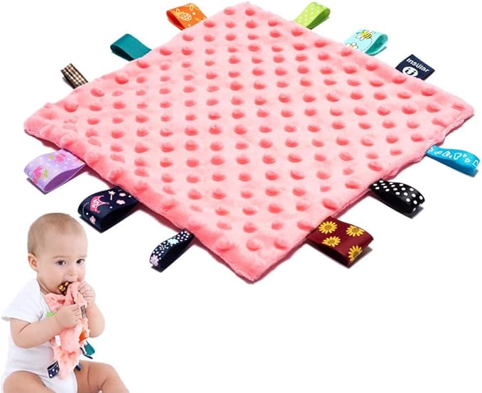 Baby Tags Security Blankets - Baby Soothing Plush Blanket with Colorful Tags, 10"x10" Square Sensory Toys, Lovey for 3 Months+ Babies Boys and Girls (Pink)