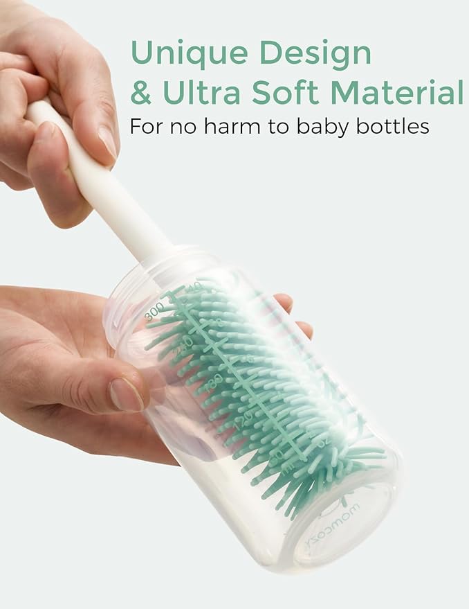 Momcozy Bottle Brush Set - Baby Bottle Cleaner Kit with Silicone Brush, Nipple Brush, Straw Brush, Soap Dispenser, Drying Rack - 7 in 1 Bottle Cleaning Tool for Home and Travel, Green