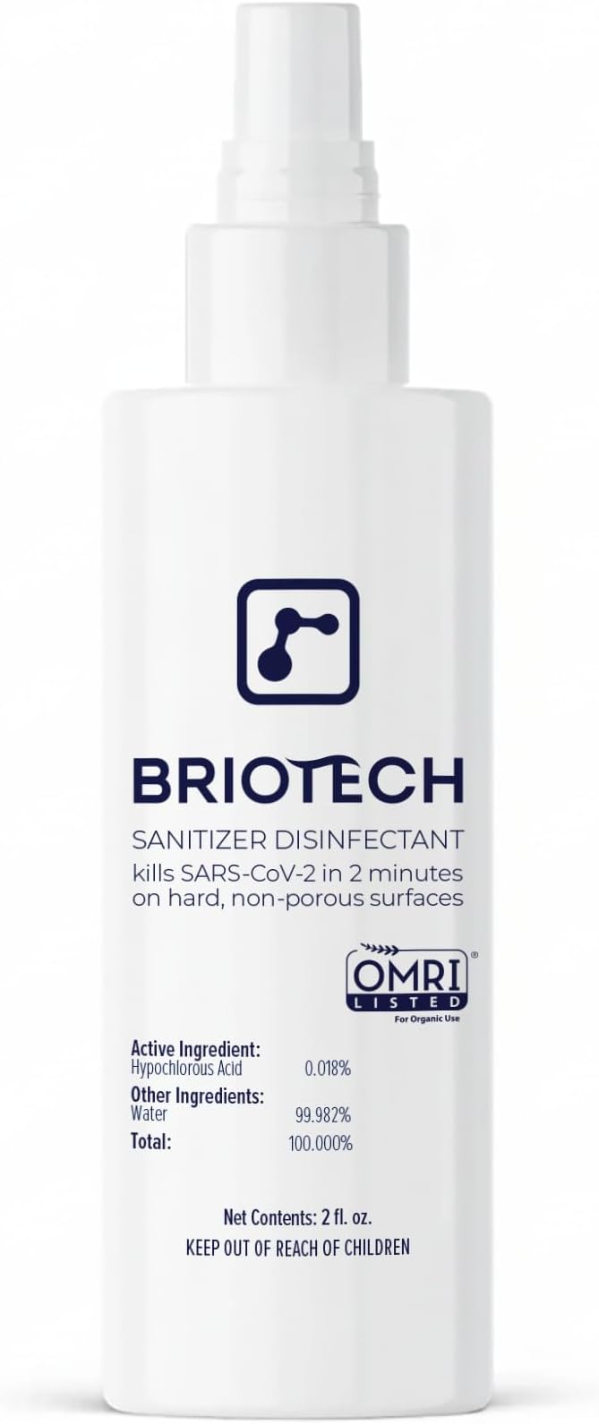 BRIOTECH Sanitizer Disinfectant Hypochlorous Spray, Kill 99.99% of Viruses & Bacteria, Control Mold, Eliminate Odor, Gentle for Nurseries, Food Contact Surface Sanitizer, 2 fl oz Travel Size