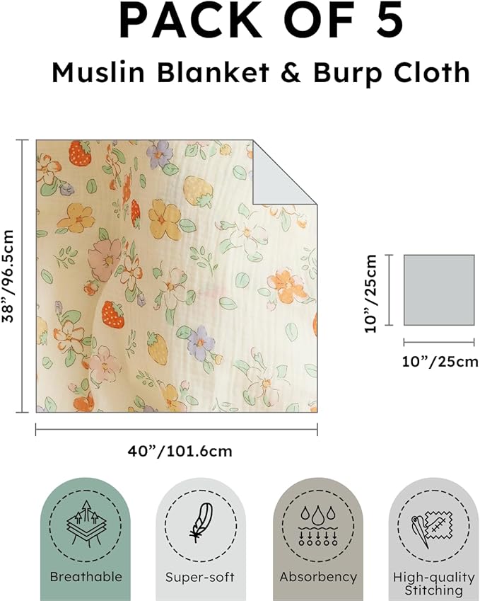 5 Pack Muslin Swaddle Blankets & Baby Burp Cloths, Soft & Breathable Cotton Baby Blankets, Receiving Blankets for Newborn, Nursery Infant Essentials, Swaddling Wrap for Unisex (Pink & Green)