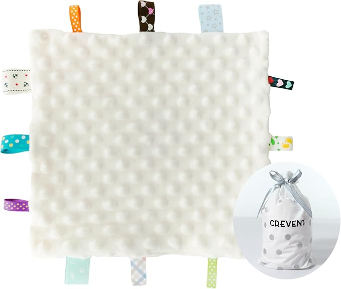 CREVENT Tag Security Blankets for Babies, Soft Small Loveys for Girls, Baby Comforter Sensory Blanket, Great Gifts for Birthday Baby Shower 10"X10" (Ivory)