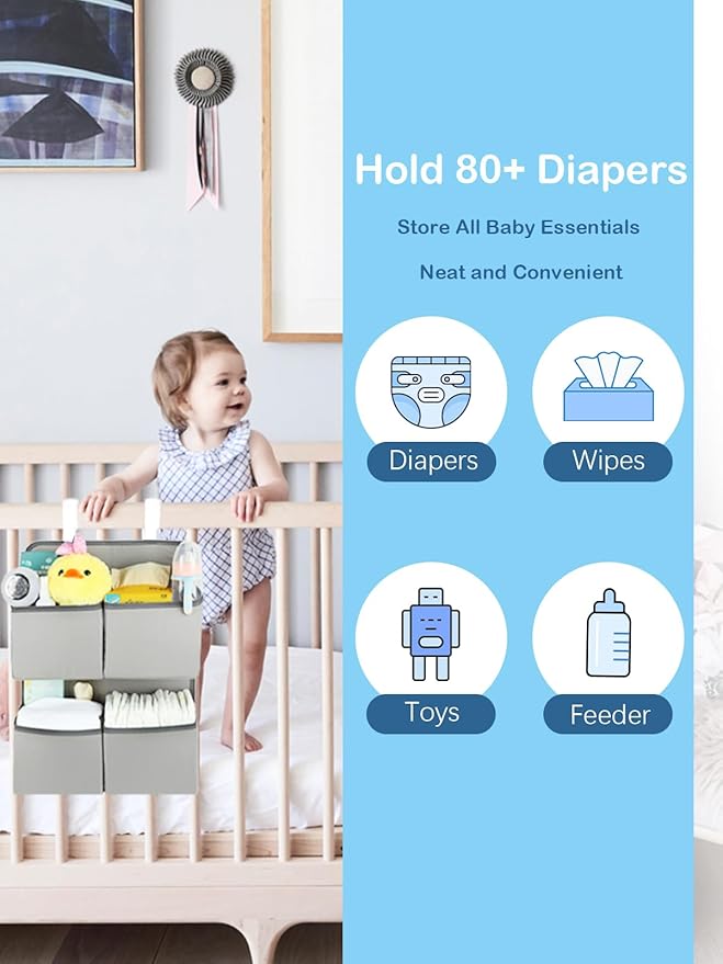 Hanging Diaper Organizer for Crib/Playard/Bassinet – H19 x L15 Hold 80+ Diapers - Changing Table Diaper Holder - Hanging Diaper Stacker Nursery Caddy Organizer for Boy or Girl (Silver-grey)
