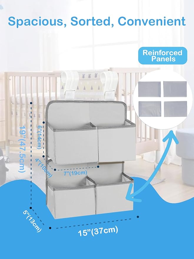 Hanging Diaper Organizer for Crib/Playard/Bassinet – H19 x L15 Hold 80+ Diapers - Changing Table Diaper Holder - Hanging Diaper Stacker Nursery Caddy Organizer for Boy or Girl (Silver-grey)