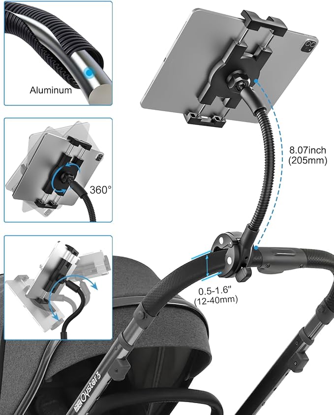 Gooseneck Tablet Holder for Wheelchair/Stroller/Golf Cart/Boat/Mic stand/Indoor Cycling Bike/Gym Bicycle Handlebar Clamp, Compatible with 4.7-13" iPad Pro/Air/Mini, iPhone, Galaxy, Fire HD, E-book