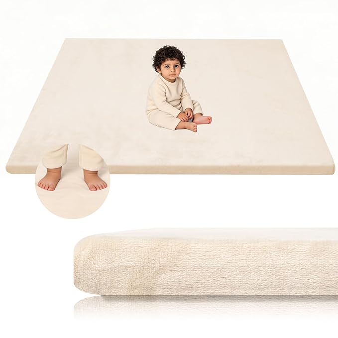 Velvet Baby Play Mat for Floor, 1.3" Thick Elasti-Foam 74"×50" Playpen Mat with Removable & Washable Velvet Cover for Toddler, Infant,Kids, Non-Slip Crawling Mat for Tummy Time (Beige)