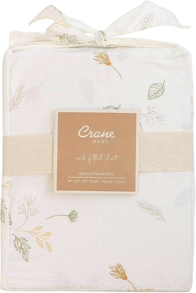 Crane Baby Crib Sheets Neutral, 100% Cotton Crib Sheets Girl or Boy, Dainty Leaf Pattern, Crib Bedding, 28" x 52" x 9", Fits Standard Mattress, Neutral Nursery Decor, AZO-Free Dyes for Sensitive Skin