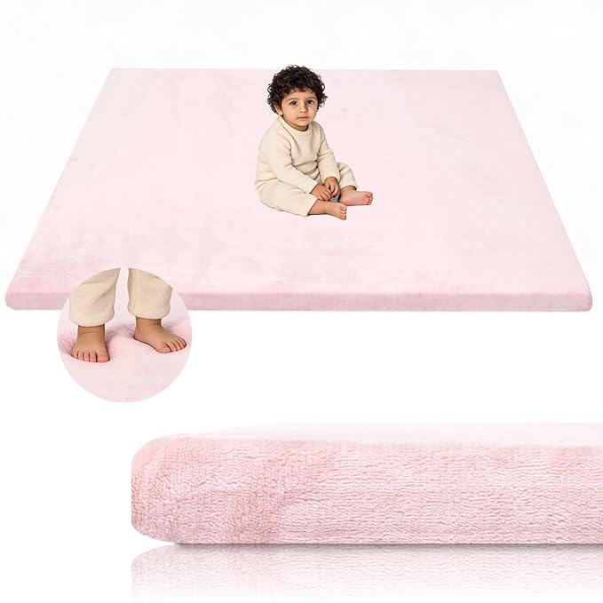 Velvet Baby Play Mat for Floor, 1.3" Thick Elasti-Foam 50"×50" Playpen Mat with Removable & Washable Velvet Cover for Toddler, Infant,Kids, Non-Slip Crawling Mat for Tummy Time (Pink)