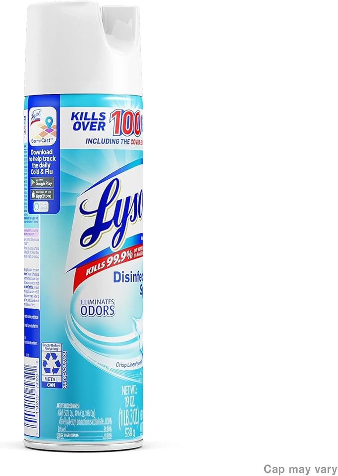 Lysol Disinfectant Spray, Household Essential Cleaning Supplies, Multi-Purpose Room Spray, Antibacterial Sanitizer Spray, Upholstery Deodorizer, Home and Bathroom, Crisp Linen,19 Fl Oz
