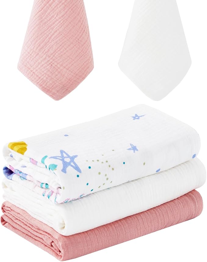 5 Pack Muslin Swaddle Blanket & Baby Burp Cloths, Soft & Breathable Receiving Blanket, Cotton Baby Blanket for Newborn Girl, Nursery Infant Essentials, Swaddling Wrap for Unisex