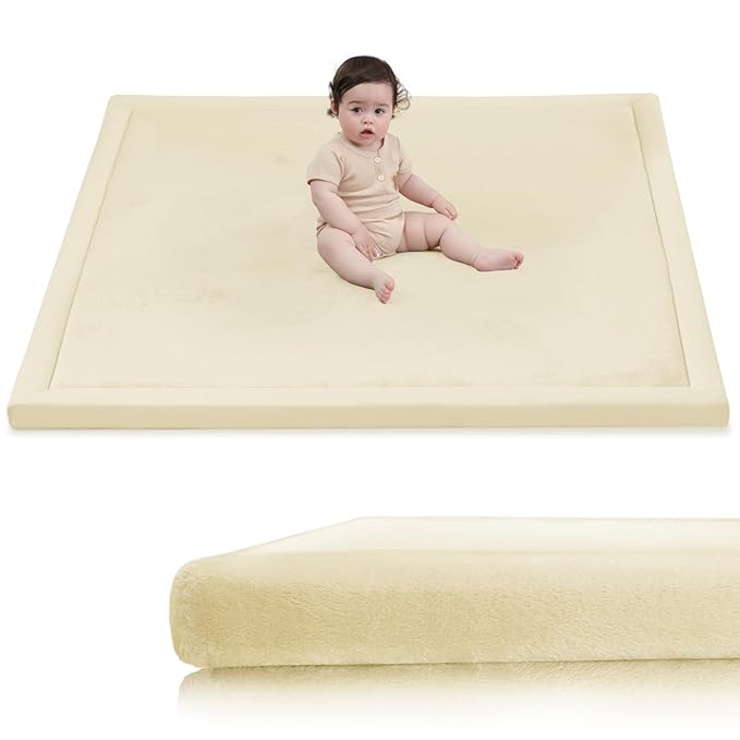 Ultra Soft Baby Play Mat for Floor,1.3" Thick Elasti-Foam 50x50 Playpen Mat for Toddlers Infant kids,Non-Slip Backing Safe for Crawling&Tummy Time,Tatami Style (Vanilla)