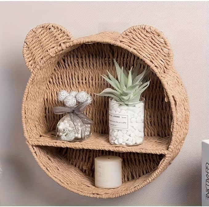 Bear Rattan Wall Shelf, Handwoven Wicker Nursery Shelf for Wall, Wall-Mounted Floating Display Shelf Organizer for Small Books, Toys & Decor