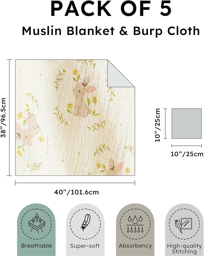 5 Pack Muslin Swaddle Blankets & Baby Burp Cloths, Soft & Breathable Cotton Baby Blankets, Receiving Blankets for Newborn Girl, Nursery Infant Essentials, Swaddling Wrap for Unisex (Pink & White)