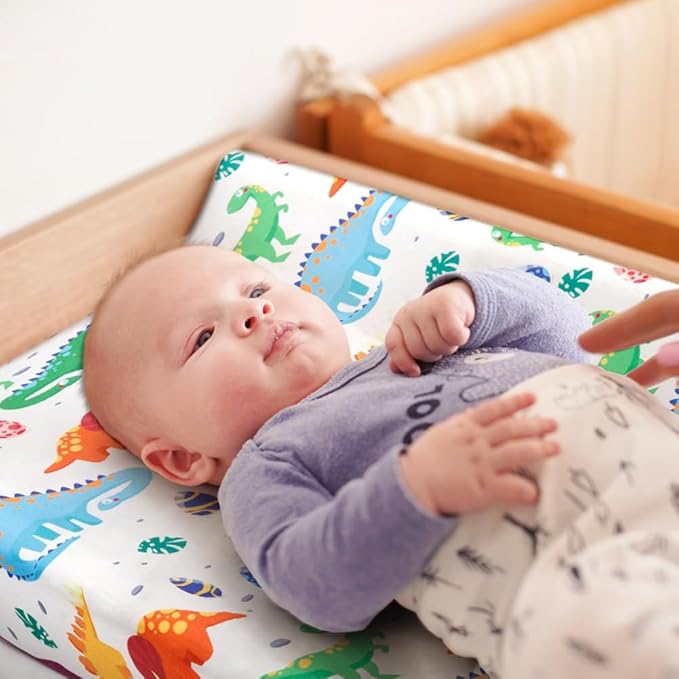 4 Pack Baby Boy Changing Pad Covers Sheets Set Soft Fitted Baby Boy Mattress Covers Construction Truck or Dinosaur Theme Breathable Toddler Sheets for Infant Boys (Dinosaur, Changing Pad Covers)