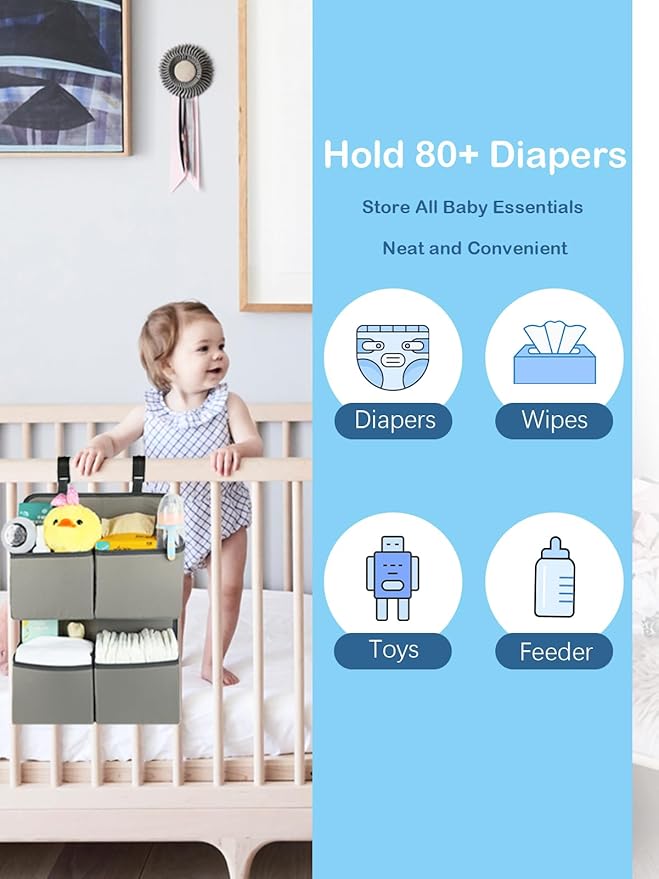 Hanging Diaper Organizer for Crib/Playpen/Bassinet – Hold 80+ Diapers - 4 Deep Pockets-H19in x L15 in Changing Table Diaper Holder - Hanging Diaper Stacker Nursery Caddy Organizer - Grey