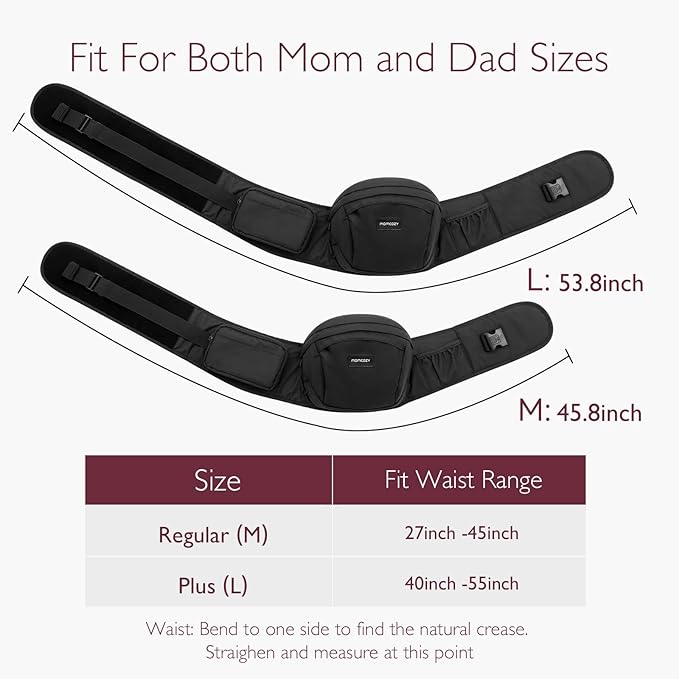 Momcozy Hip Seat Baby Carrier - Adjustable Waistband with Original 3D Belly Protector, Ergonomic Carrier with Various Pockets for Newborns & Toddlers up to 45lbs (Black, Large)