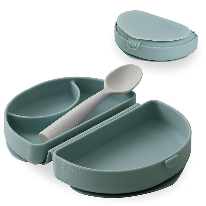 Miniware Fold & Scoop - Silifold Baby Feeding Set with Foldable Silicone Plate & Child-Sized Spoon - Compact, Portable, Dishwasher-Safe, Suction Base for Mess-Free Eating (Eucalyptus and Oat)