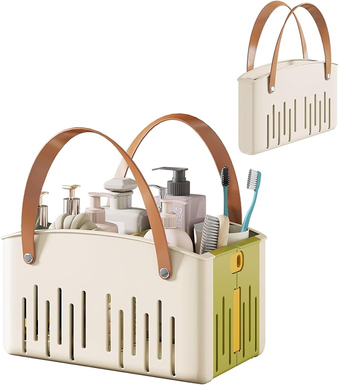 Portable Shower Caddy,Foldable Shower Caddy with Handle and Adjustable Divider,Plastic Shower Storage Basket,Quick Dry Bathroom Shower Organizer Bin for College,Dorm Room,Travel Essentials (Green)