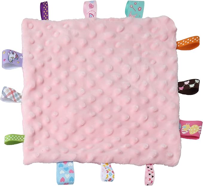 CREVENT Tag Security Blankets for Babies, Soft Small Loveys for Boys, Baby Comforter Sensory Blanket, Great Gifts for Birthday Baby Shower (10"X10" Dino + Pink + Purple)