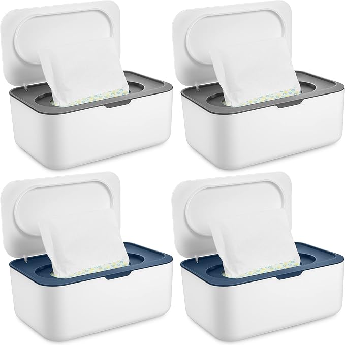 4 Pieces Wipes Dispenser Baby Wipes Case Container Case Wet Wipe Holder with Sealing Design Refillable Baby Wipe Dispenser Easy Open and Close (Blue, Gray)