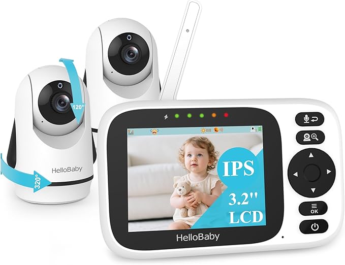 HelloBaby 3.2'' Baby Monitor 2 Cameras,Video Audio Baby Monitor No WiFi, Remote Pan-Tilt-Zoom,AUTO Night Vision, ECO, 2-Way Talk,8 Lullabies and 1000ft Range, Temperature, for Parents and Babies