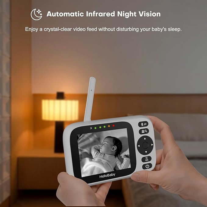 HelloBaby 3.2'' Baby Monitor 2 Cameras,Video Audio Baby Monitor No WiFi, Remote Pan-Tilt-Zoom,AUTO Night Vision, ECO, 2-Way Talk,8 Lullabies and 1000ft Range, Temperature, for Parents and Babies