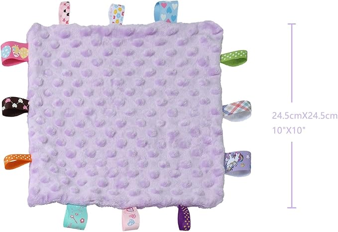 CREVENT Tag Security Blankets for Babies, Soft Small Loveys for Girls, Baby Comforter Sensory Blanket, Great Gifts for Birthday Baby Shower 10"X10" (Wildflow+Purple)