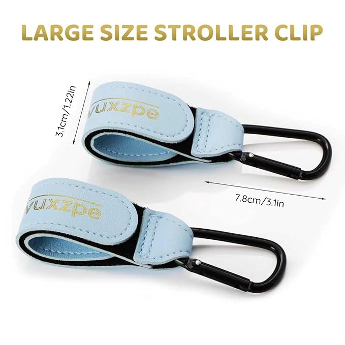 2 Pack Stroller Hooks for Hanging Diaper Bags and Shopping Bags, Accessories for Stroller and Shopping Cart, Heavy Duty Durable Large Carabiner, Advanced Faux Leather, Baby Blue