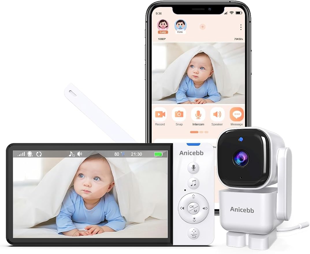 Smart Baby Monitor with App and 5" Display, Dual Mode (WiFi & No WiFi FHSS), 1080P HD Video, 360° Pan-Tilt-Zoom with Motion Tracking, 36H Battery, Cry & Temp Alerts, White Noise, Night Vision