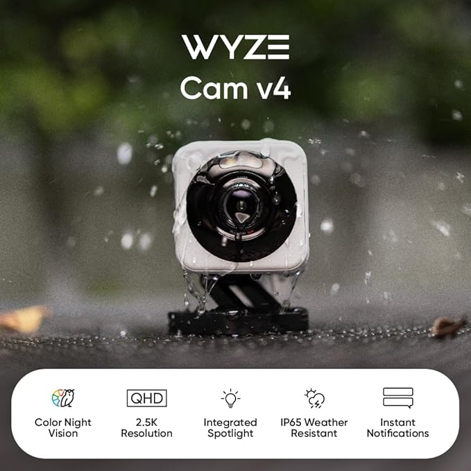 WYZE Cam v4 (Latest Model), 2.5K AI Security Camera, Indoor/Outdoor Cameras for Home Security, Baby Monitor & Pet Camera, Vibrant Color Night Vision, No Subscription Required, Free Expert Help