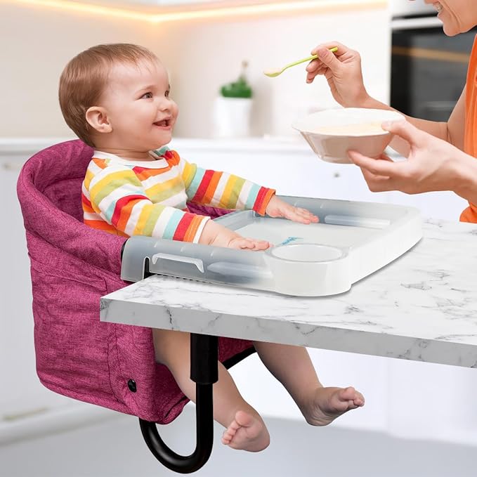 Hook On Chair with Removable Dining Tray,Portable Hook-On Chairs with Storage Bag,for Home and Travel(Rose Red)