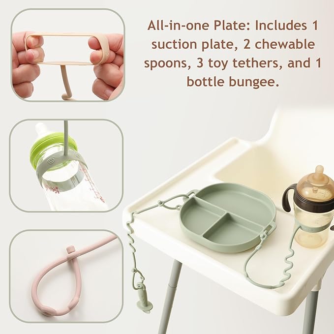 Andy Bear Silicone Plates for Babies with Suction Divided Baby Spoons Silicone Baby Toy Straps All-in-one Plates Silicone Placemat for Babies Toddlers Attachable Tethers & Built-in Suction Cups-Sage