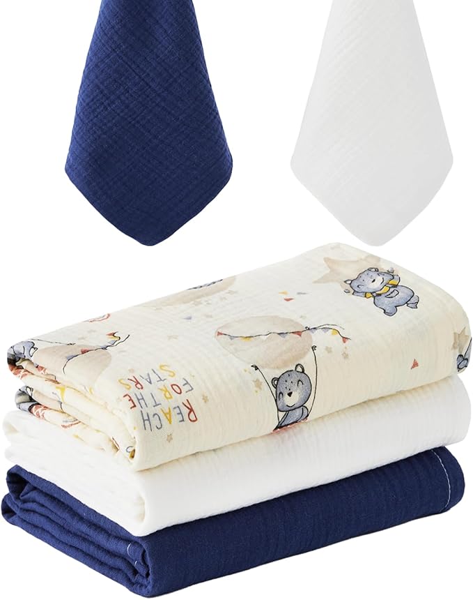 5 Pack Muslin Swaddle Blankets & Baby Burp Cloths, Soft & Breathable Cotton Baby Blankets, Receiving Blankets for Newborn, Nursery Infant Essentials, Swaddling Wrap for Unisex (Navy & White)