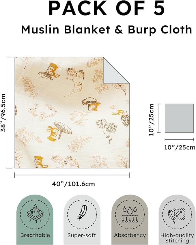 5 Pack Muslin Swaddle Blankets & Baby Burp Cloths, Soft & Breathable Cotton Baby Blankets, Receiving Blankets for Newborn, Nursery Infant Essentials, Swaddling Wrap for Unisex (Brown & Beige)