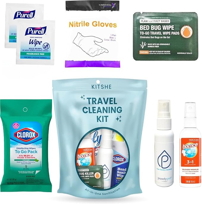 Travel Cleaning Supplies Kit - Travel Size Cleaning Supplies For Hotels, Bathrooms with Gloves, Surface Wipe, Fabric Cleaner, Air Cleaner, Hand Wipes, Bed Bug Wipes