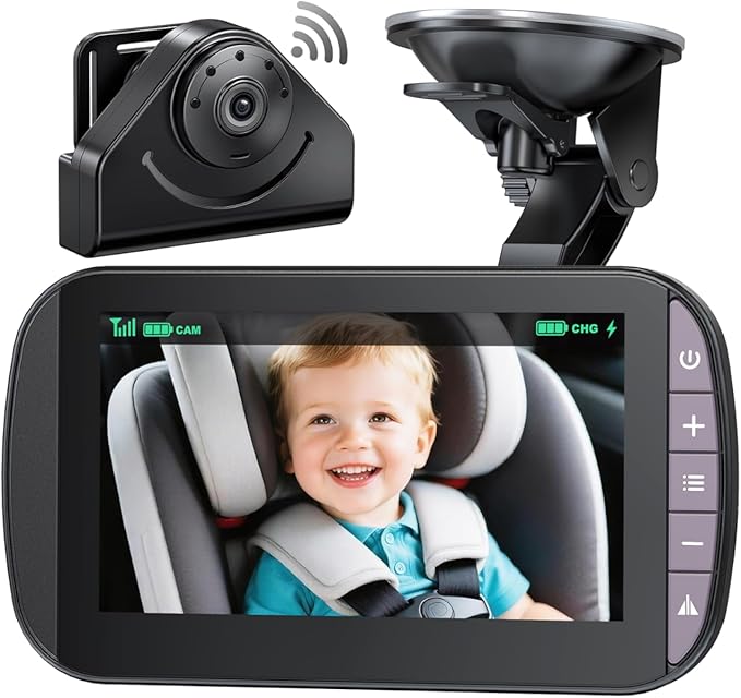 Wireless Baby Car Camera Monitor – 4.3 Inch Display with 360° Rotating Rear Facing Car Seat Cameras, 1080P HD Night Vision IR-Cut, USB & Battery Powered Backseat Baby Monitor for Infant Toddler
