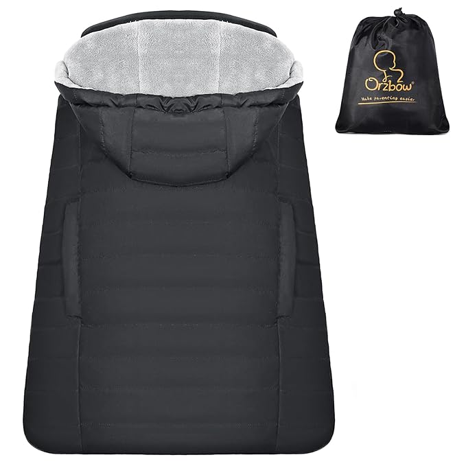 Orzbow Winter Baby Carrier Cover with Detachable Hood, Waterproof & Windproof, Universal for Baby Carriers and Baby Waist Stool, Baby Bunting Bag for Car Seats and Strollers with Storage Bag, Black