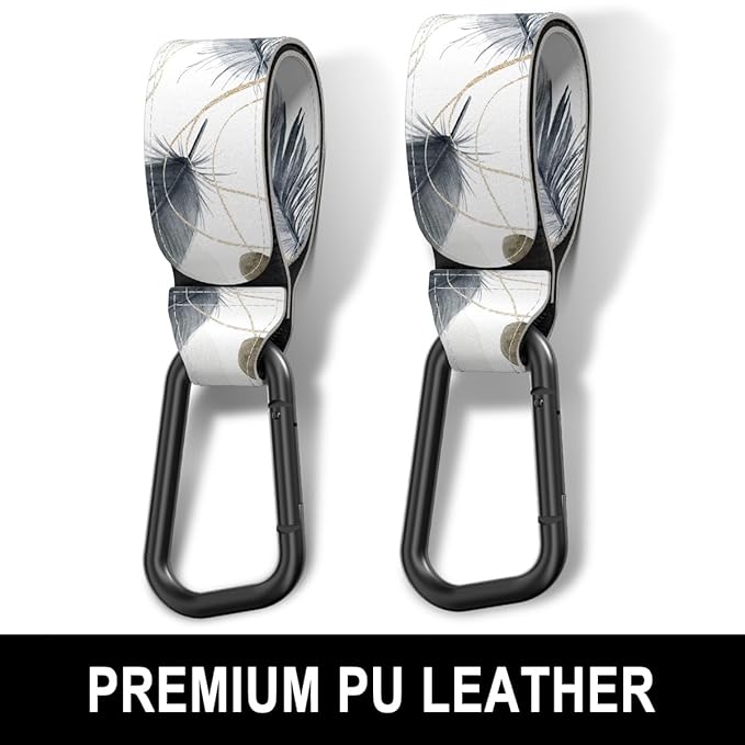 Baby Stroller Hooks for Hanging Bags, Universal Stroller Clips Accessories, Mommy Hook for Diaper Bag, Shopping Cart, Purse, Backpack - 2 Pack, Minimalist Feather