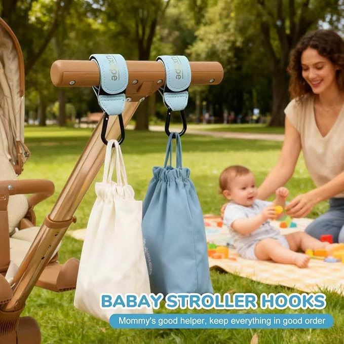 2 Pack Stroller Hooks for Hanging Diaper Bags and Shopping Bags, Accessories for Stroller and Shopping Cart, Heavy Duty Durable Large Carabiner, Advanced Faux Leather, Baby Blue