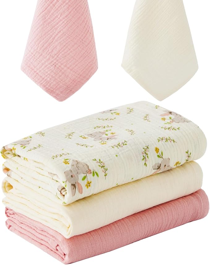 5 Pack Muslin Swaddle Blankets & Baby Burp Cloths, Soft & Breathable Cotton Baby Blankets, Receiving Blankets for Newborn Girl, Nursery Infant Essentials, Swaddling Wrap for Unisex (Pink & White)