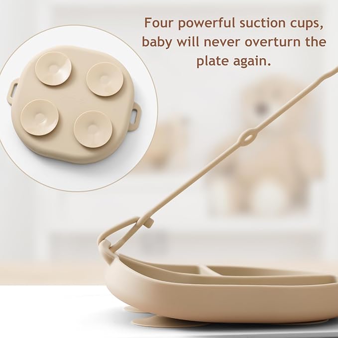 Andy Bear Silicone Plates for Babies with Suction Divided Baby Spoons Silicone Baby Toy Straps All-in-one Plates Silicone Placemat for Babies Toddlers Attachable Tethers & Built-in Suction Cups-Blush