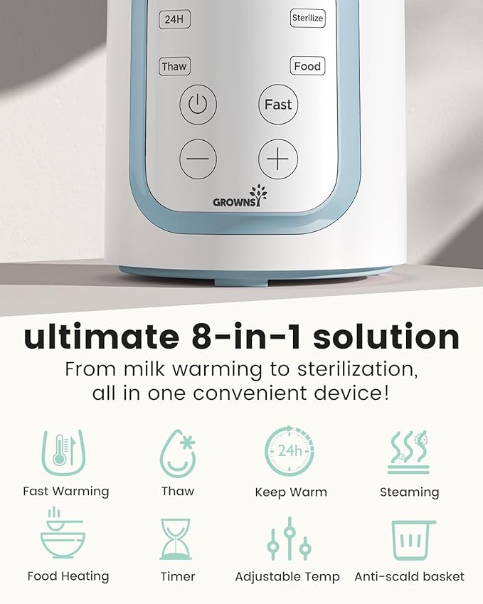 Grownsy Bottle Warmer, 8-in-1 Fast Baby Milk Warmer with Timer for Breastmilk or Formula, Accurate Temperature Control, Multifunctional Baby Bottle Warmers for All Bottles- Blue