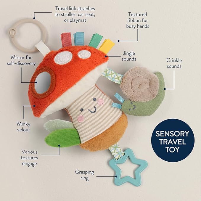 Itzy Ritzy Bitzy Traveler Car Seat & Stroller Toy for Babies – Developmental Sensory Toy Features Crinkle & Rattle Sounds & Multiple Textures –Hanging Travel Toy for On-the-Go Entertainment (Mushroom)