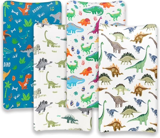 4 Pack Baby Boy Changing Pad Covers Sheets Set Soft Fitted Baby Boy Mattress Covers Construction Truck or Dinosaur Theme Breathable Toddler Sheets for Infant Boys (Dinosaur, Changing Pad Covers)
