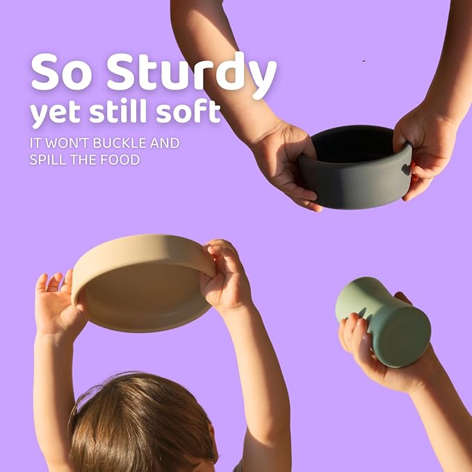 APLAINR Silicone Plate, Bowl & Cup Set for Babies and Toddlers, Weighted, Baby Feeding Set, Baby Led Weaning Supplies, Set of 3, Oat Cream