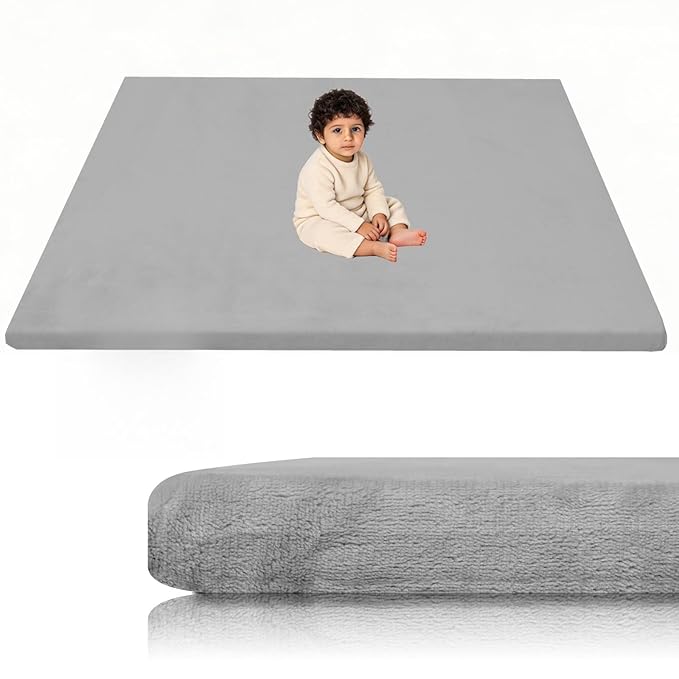 Velvet Baby Play Mat for Floor, 1.3" Thick Elasti-Foam 74"×50" Playpen Mat with Removable & Washable Velvet Cover for Toddler, Infant,Kids, Non-Slip Crawling Mat for Tummy Time (Grey)