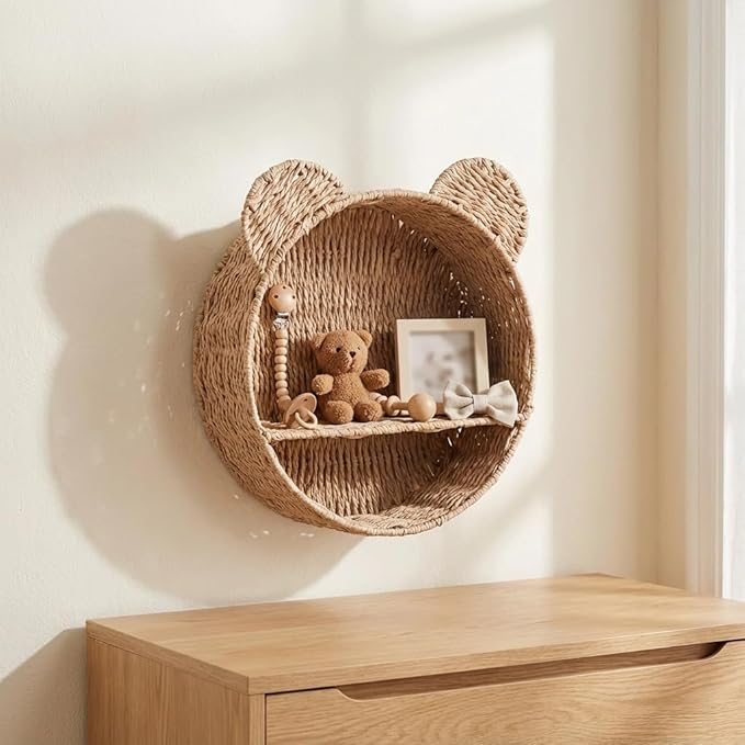 Bear Rattan Wall Shelf, Handwoven Wicker Nursery Shelf for Wall, Wall-Mounted Floating Display Shelf Organizer for Small Books, Toys & Decor