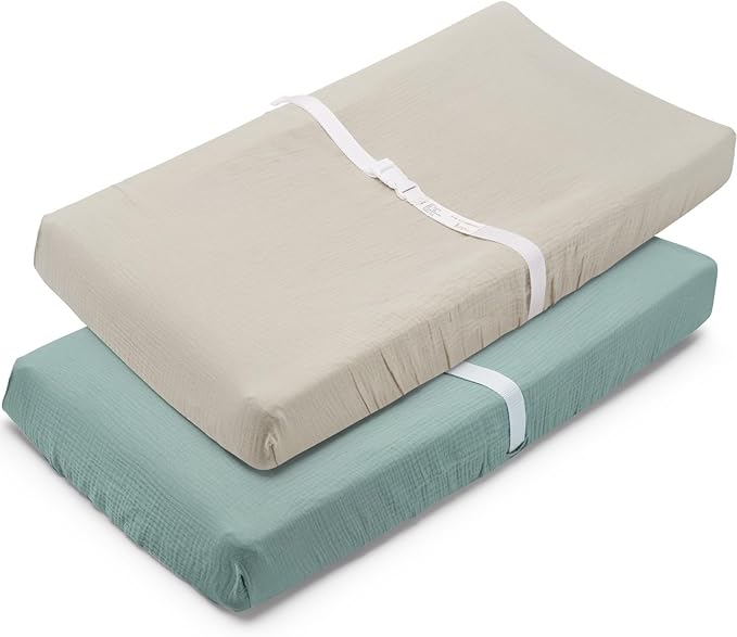 Muslin Changing Pad Cover for Baby Girls Boys-2 Pack 17"x 33" Cotton Soft Breathable Diaper Changing Pad Cover-Cozy Changing Pad Sheets-Neutral Boho Sage Green & Beige