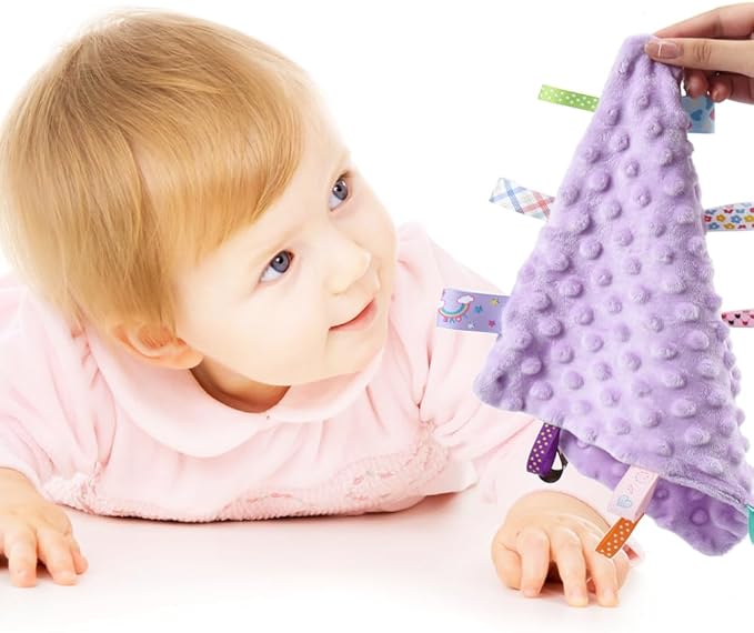 CREVENT Tag Security Blankets for Babies, Soft Small Loveys for Girls, Baby Comforter Sensory Blanket, Great Gifts for Birthday Baby Shower 10"X10" (Wildflow+Purple)